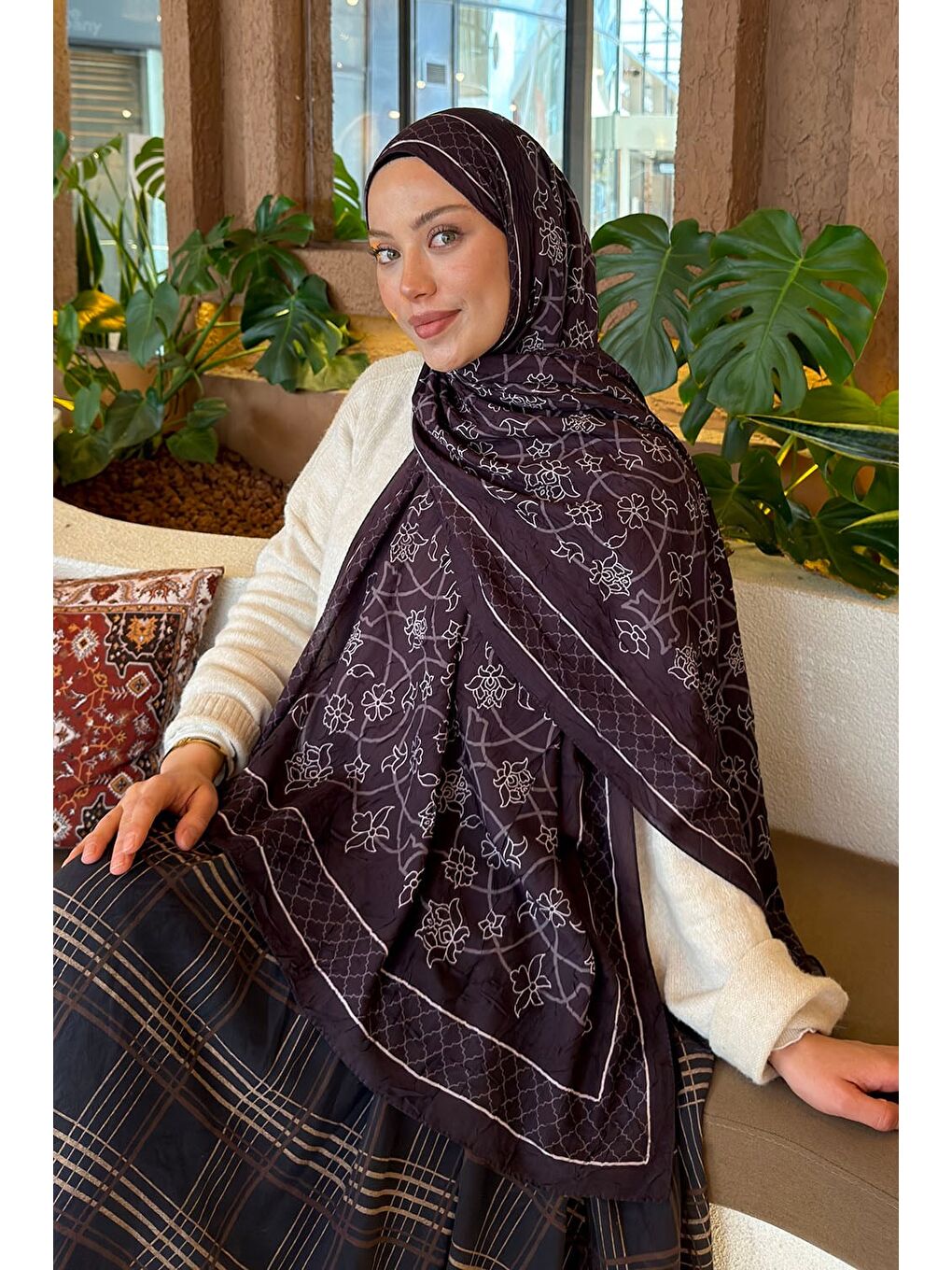 Kahverengi Geometrik Desen Bambu Şal Koyu Kahve-1