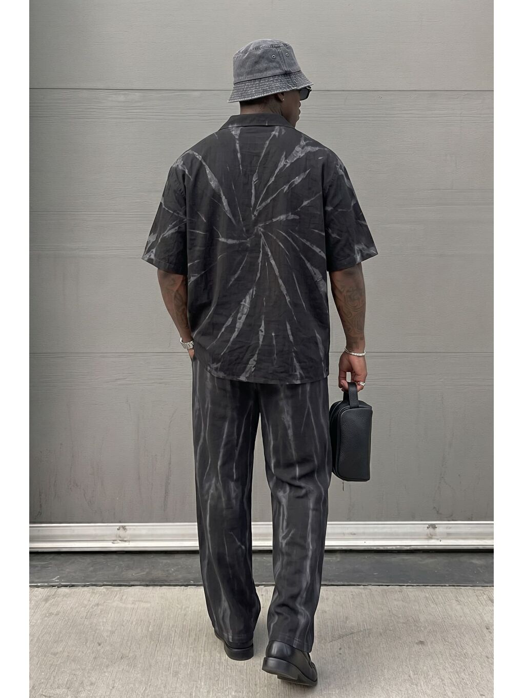Erkek Baggy Fit Spray Desenli Lastikli Bel Pantolon Siyah-3