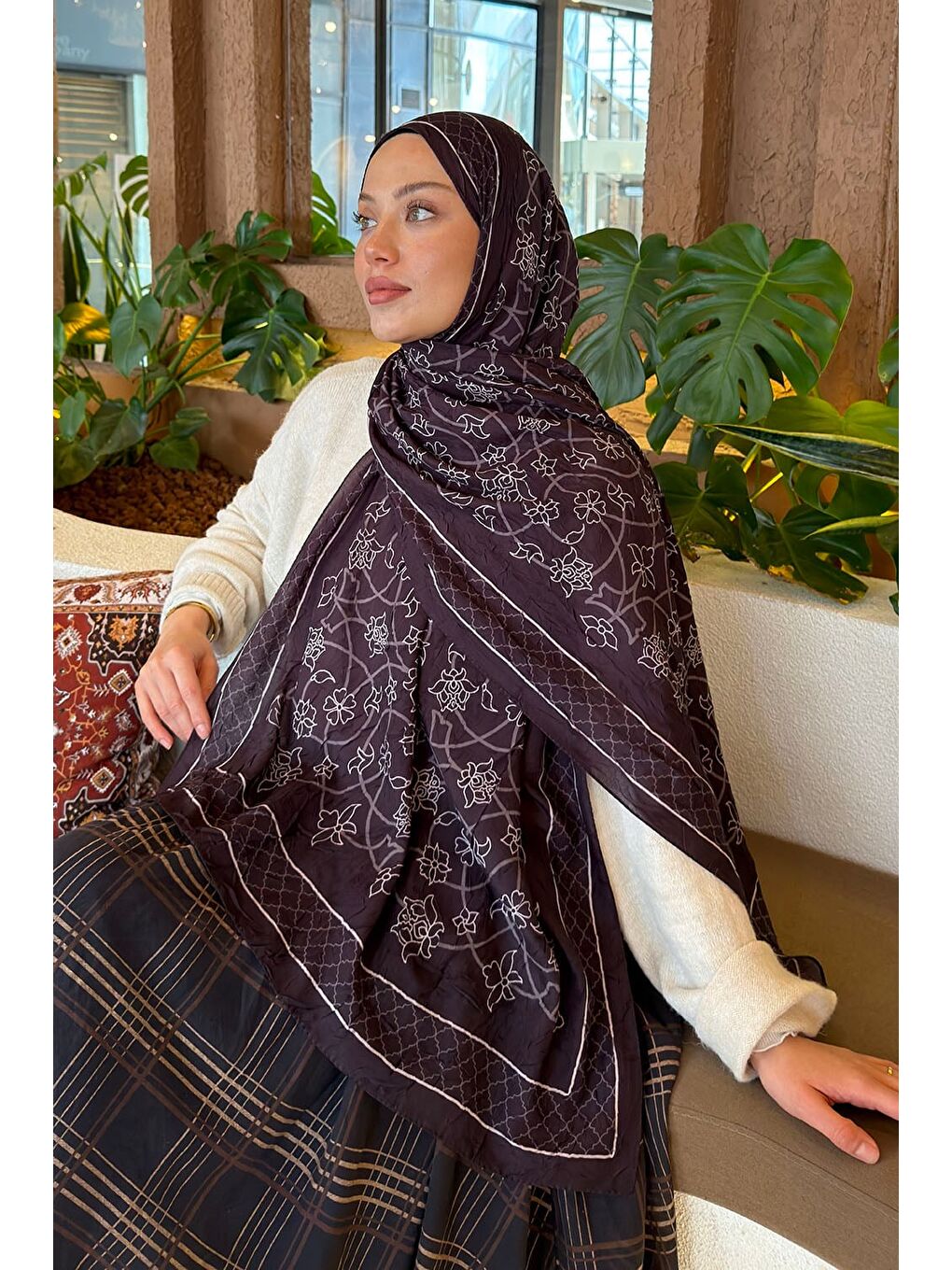 Kahverengi Geometrik Desen Bambu Şal Koyu Kahve-2