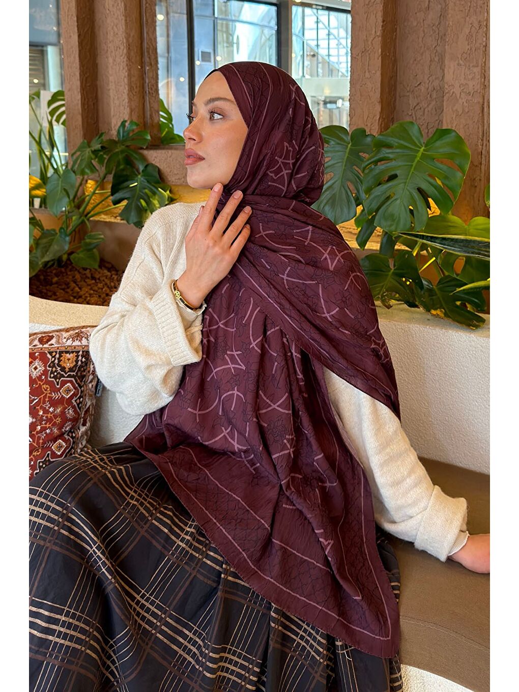 Geometrik Desen Bambu Şal Mürdüm-2