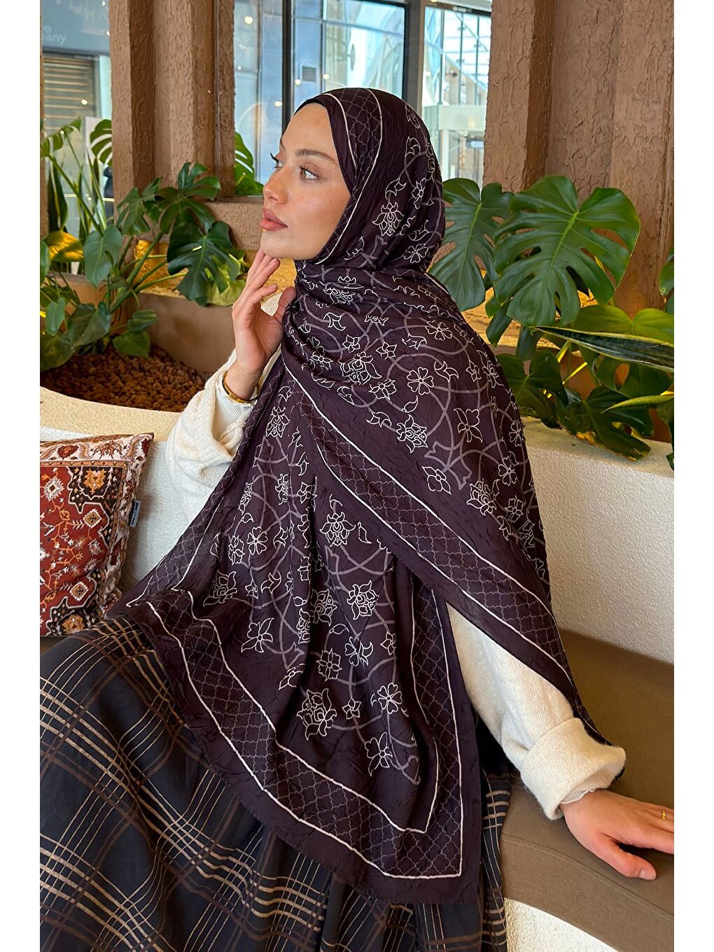 Kahverengi Geometrik Desen Bambu Şal Koyu Kahve-3