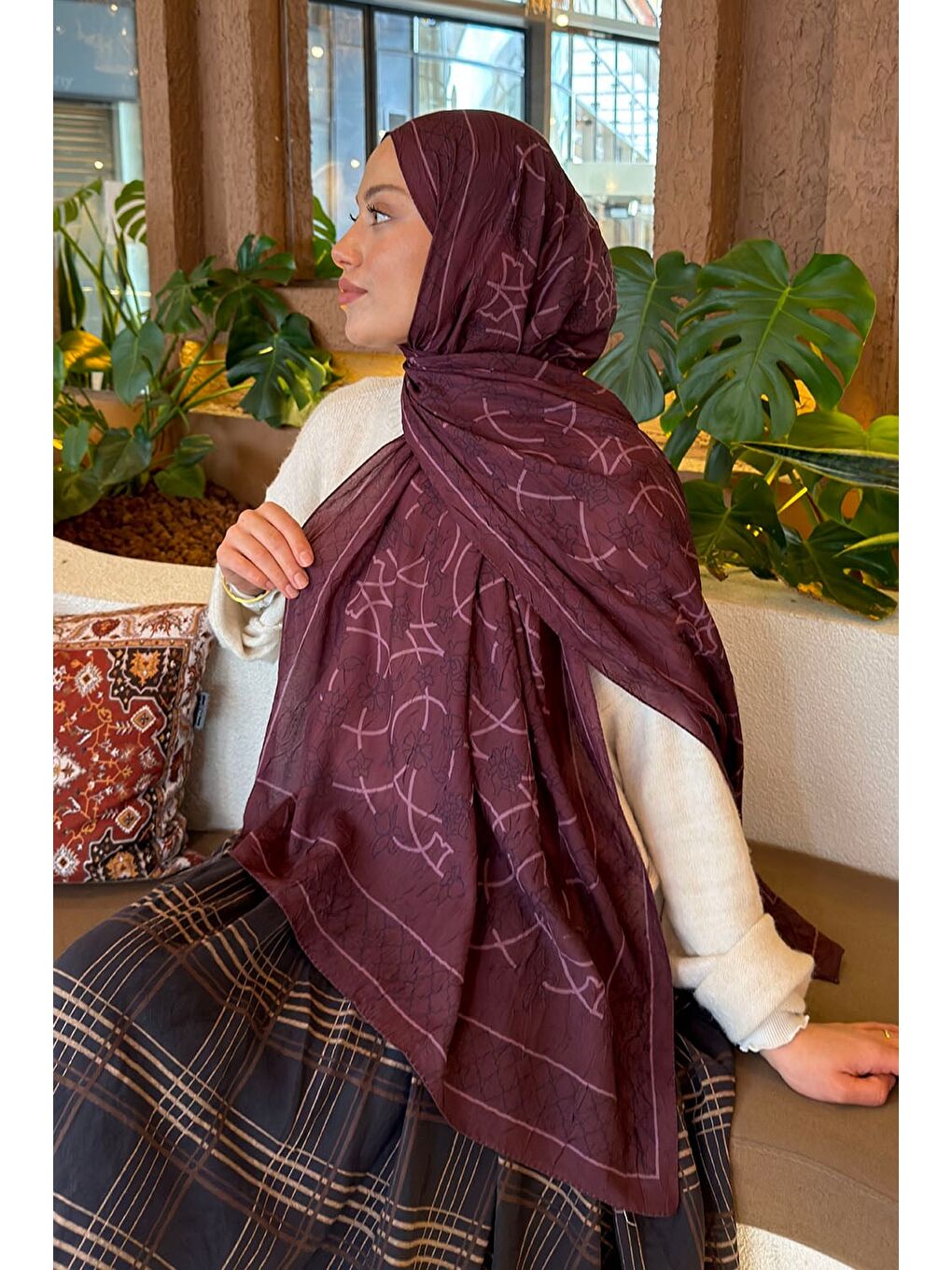 Geometrik Desen Bambu Şal Mürdüm-3