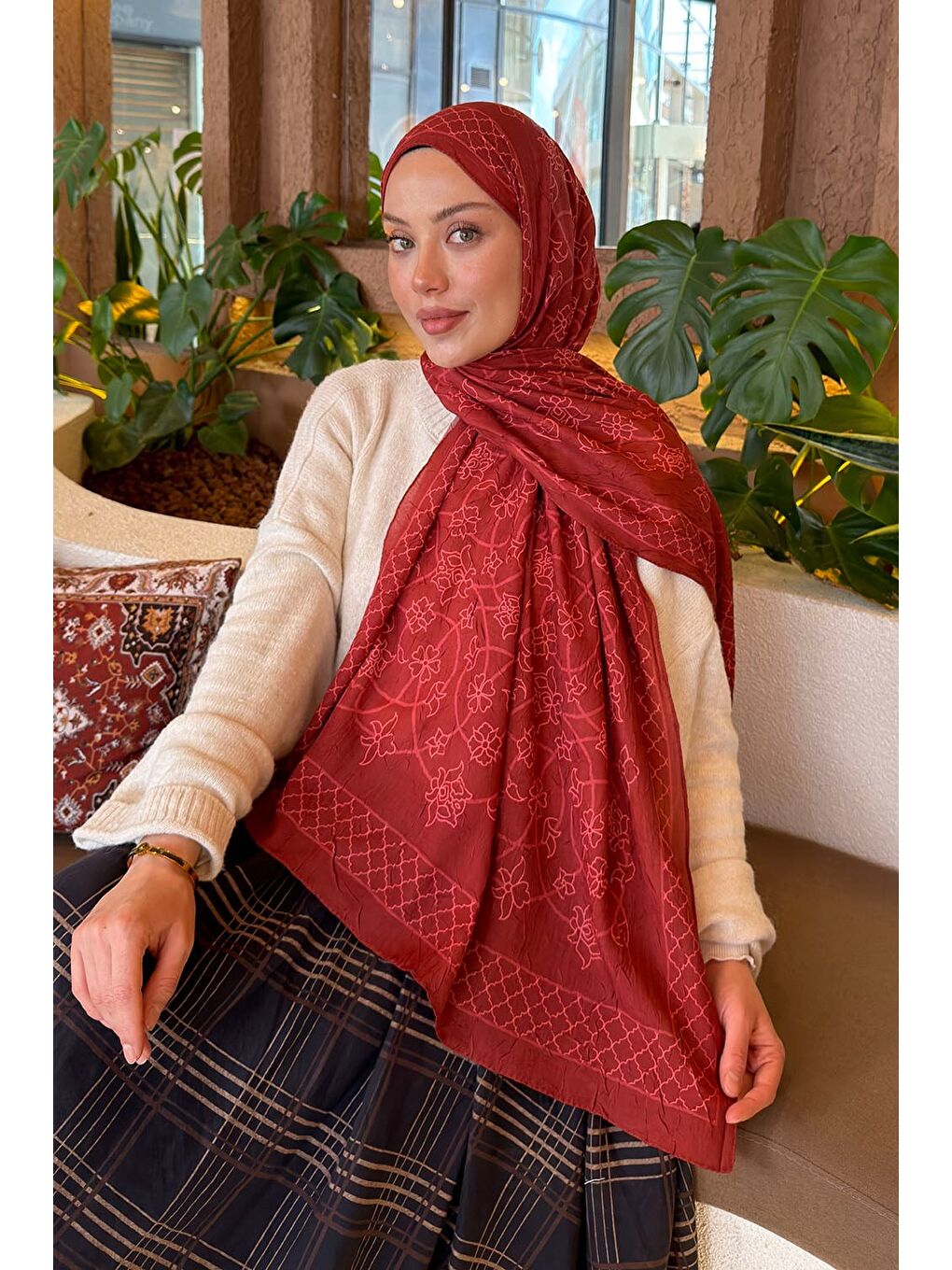 Kahverengi Geometrik Desen Bambu Şal Kiremit