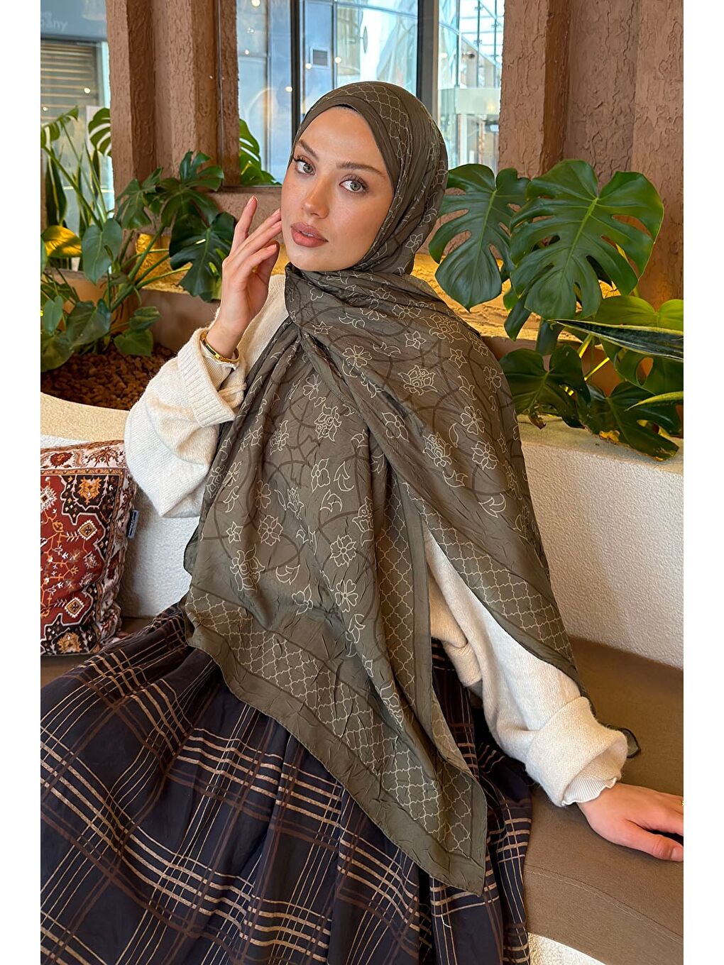 Geometrik Desen Bambu Şal Haki-1