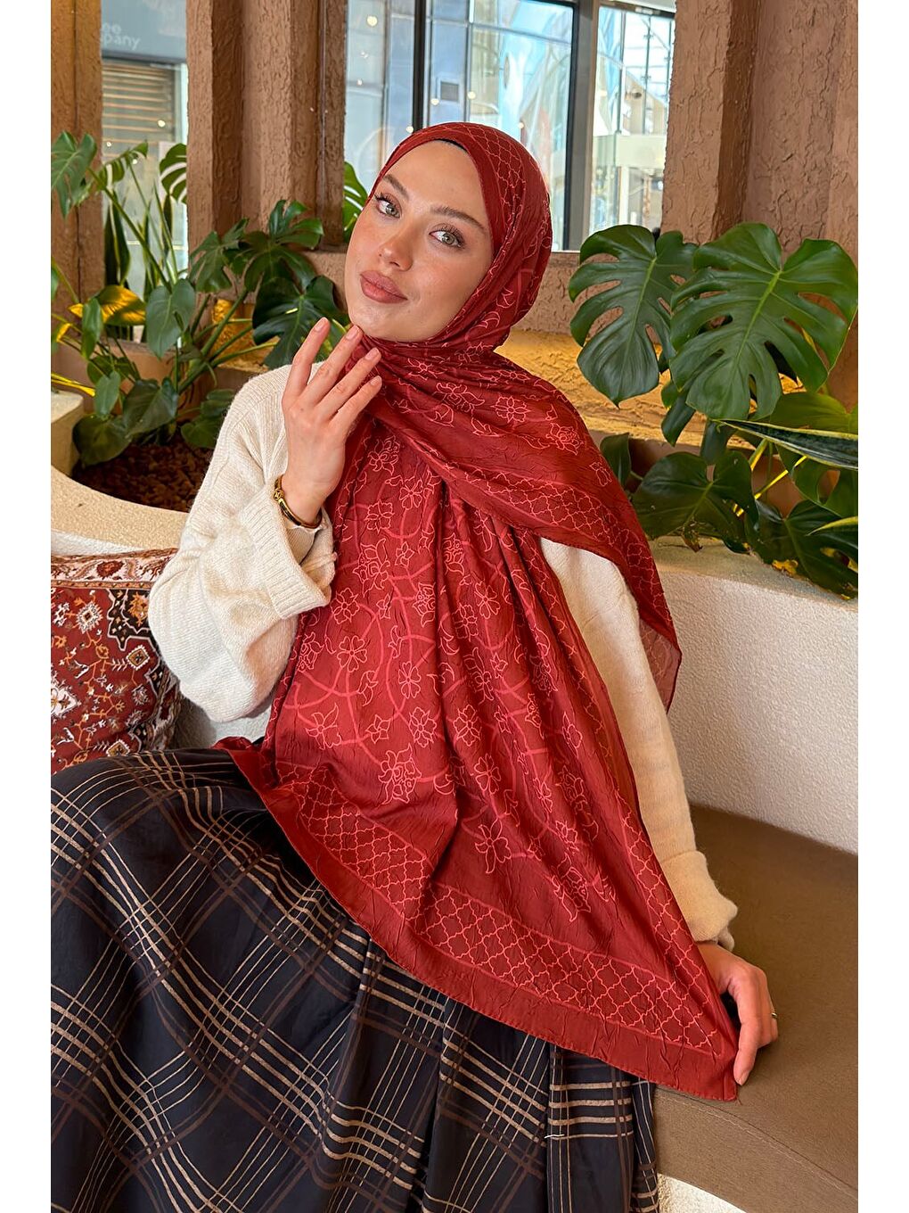 Kahverengi Geometrik Desen Bambu Şal Kiremit-1