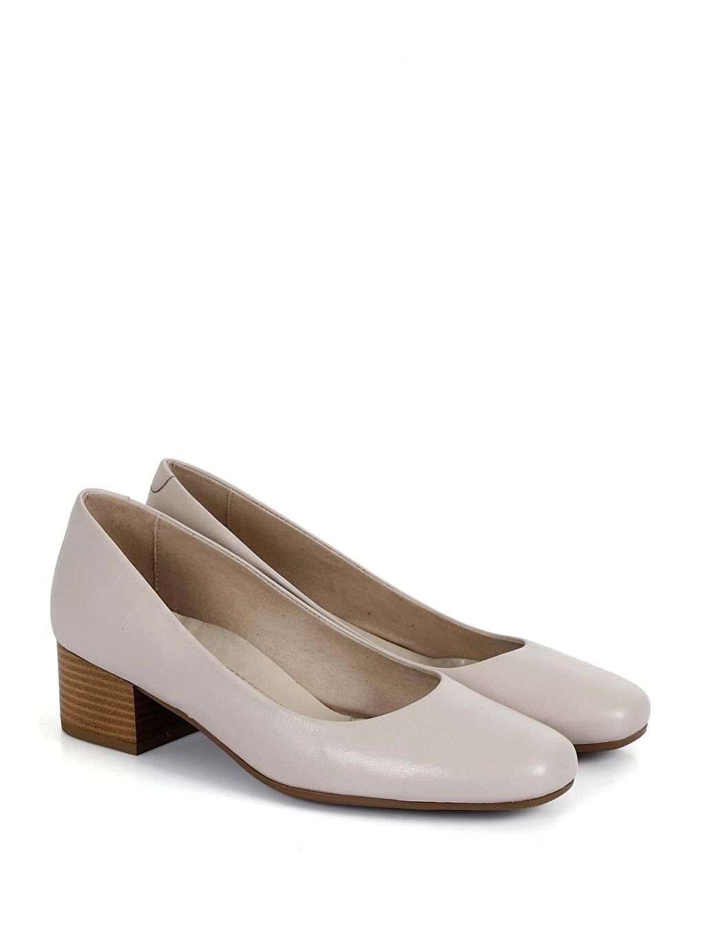 Bej BEJ  Hakiki Deri Yuvarlak Burun Kısa Kalın Topuklu Kadın Ayakkabı 24100-1