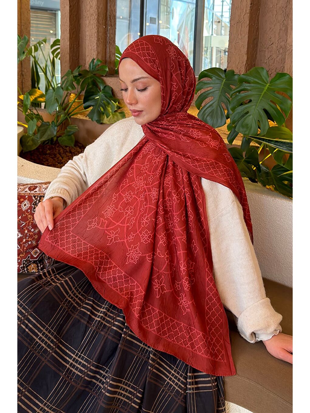 Kahverengi Geometrik Desen Bambu Şal Kiremit-2