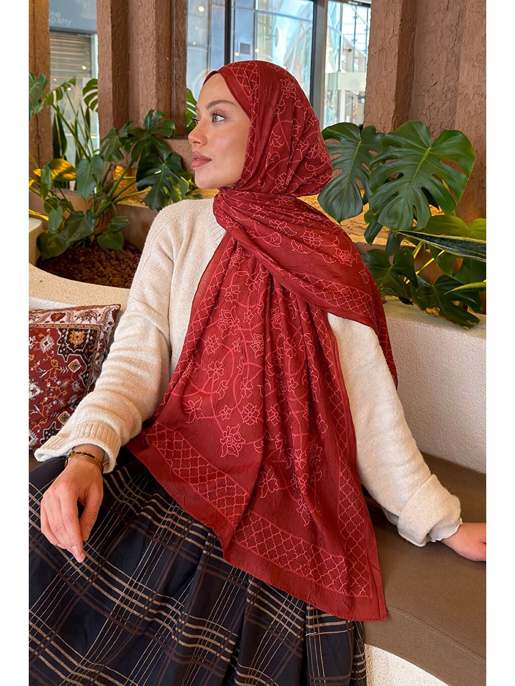 Kahverengi Geometrik Desen Bambu Şal Kiremit-3