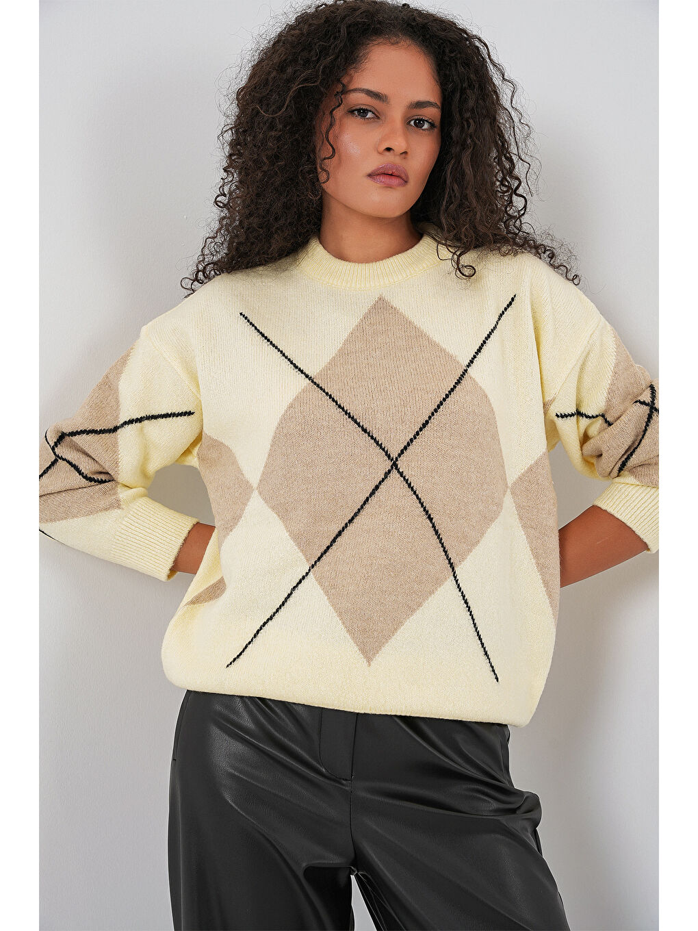 Bej 15895 Baklava Desenli Oversize Triko Kazak - C. Vizon-2