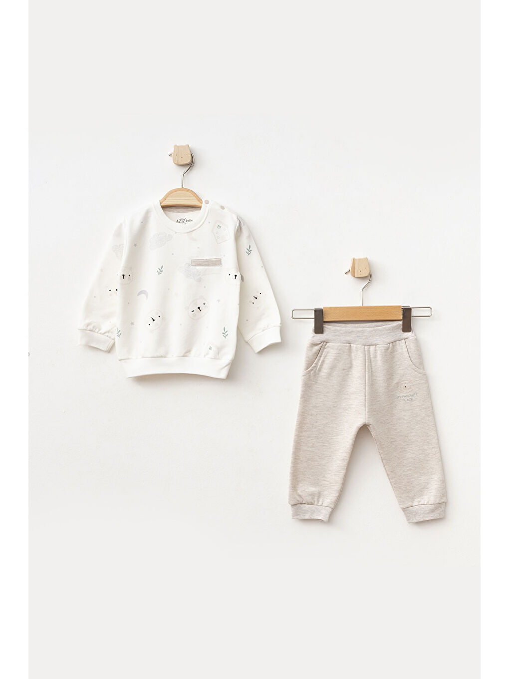 Bej Erkek Bebek Desenli Sweatshirt Pantolon 2 'li Alt Üst Bebek Takımı 3 Ay - 36 Ay