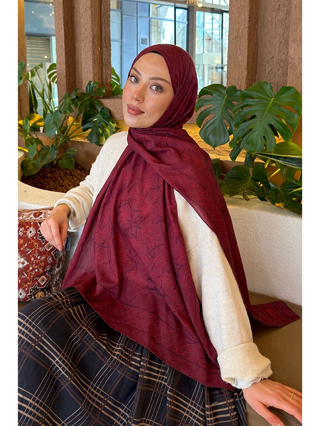 Geometrik Desen Bambu Şal Bordo