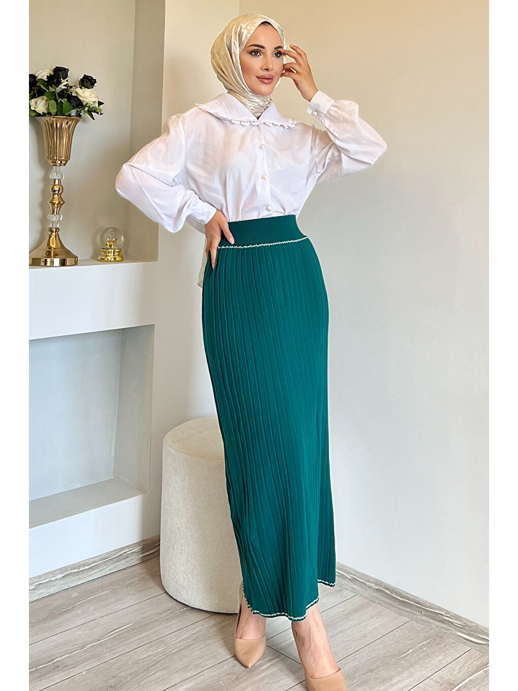 Yeşil Pileli Tesettür Triko Etek-1