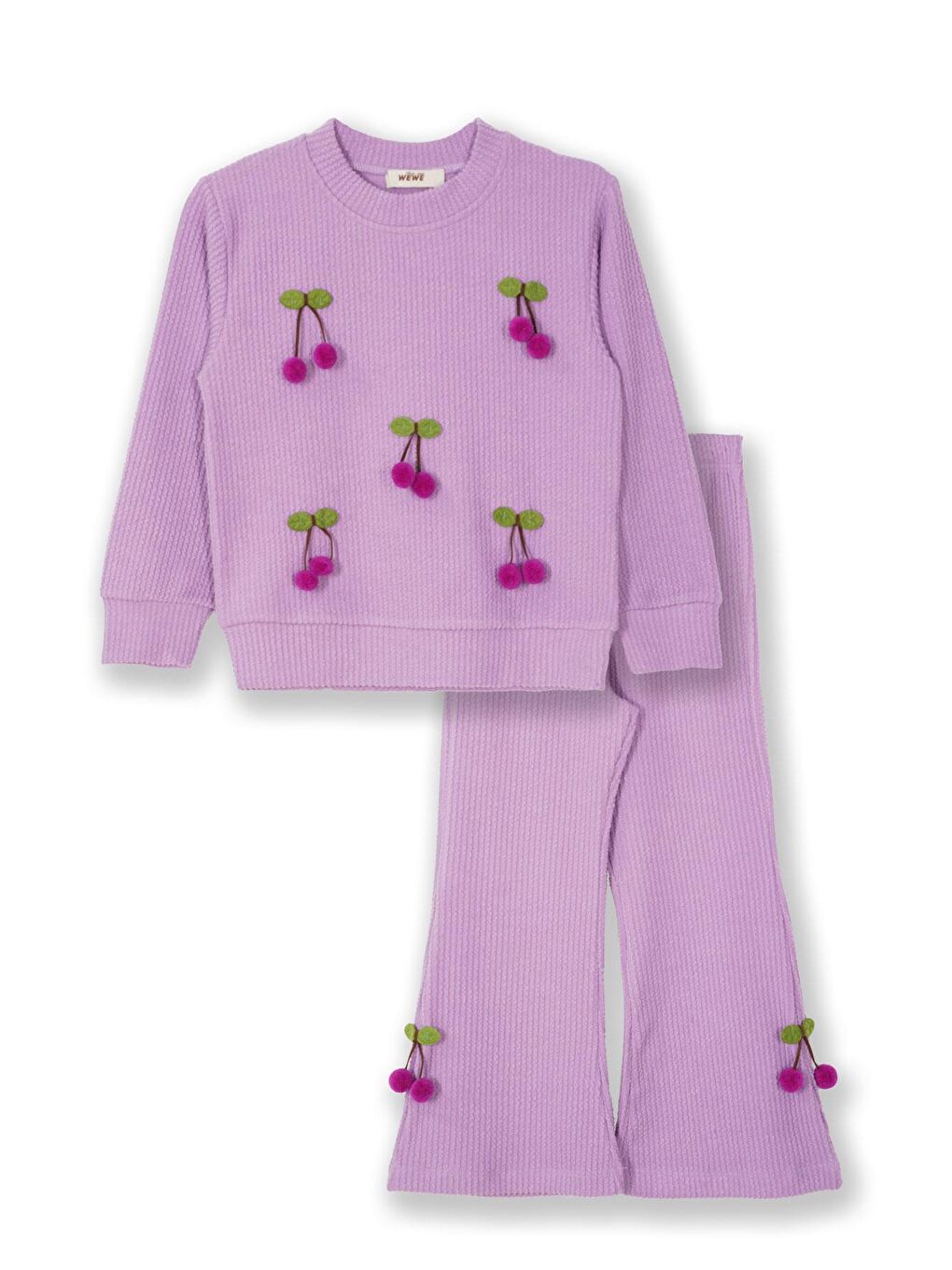Kiraz Aksesuarlı Lila Renk Kız Çocuk Pantolonlu Takım