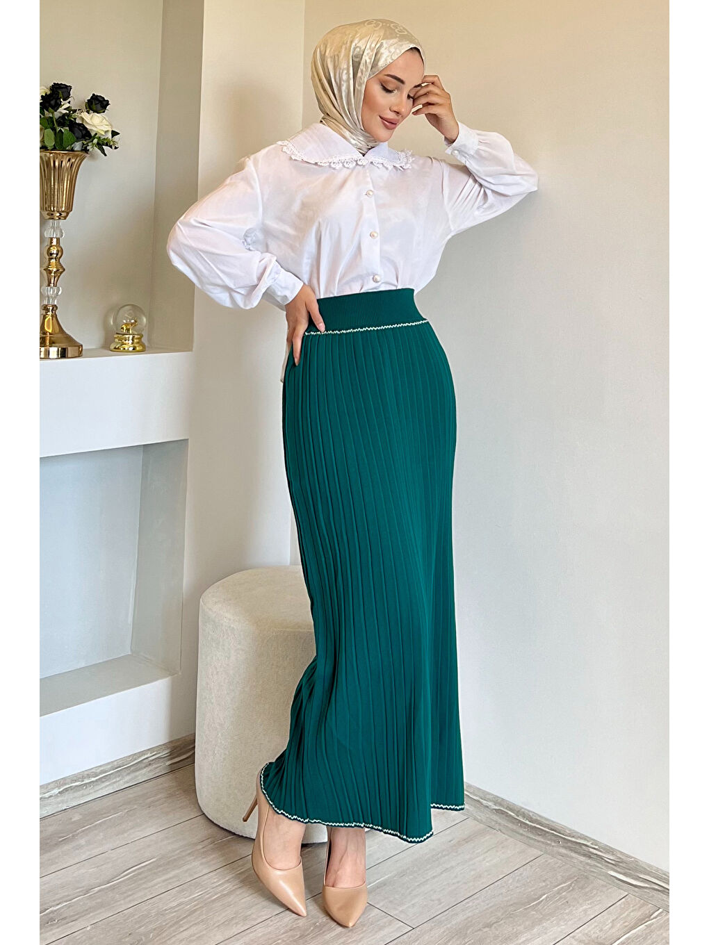 Yeşil Pileli Tesettür Triko Etek-2