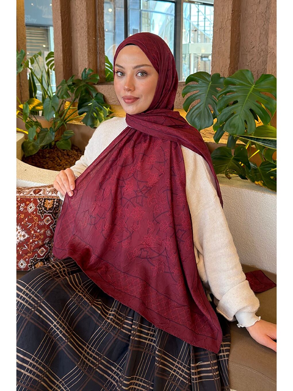 Geometrik Desen Bambu Şal Bordo-1