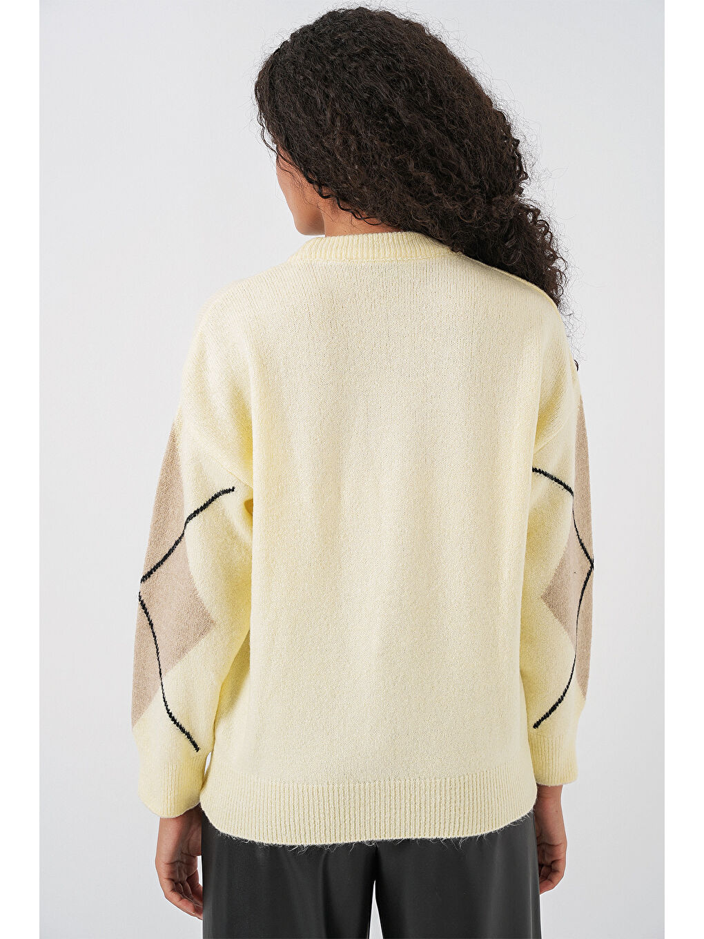 Bej 15895 Baklava Desenli Oversize Triko Kazak - C. Vizon-4