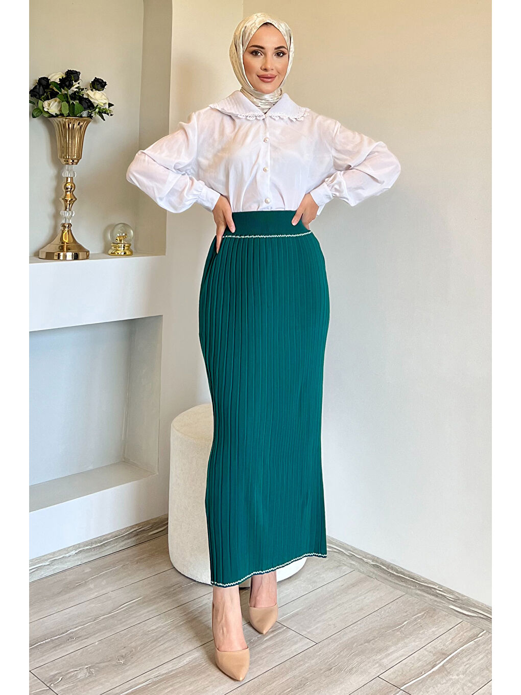 Yeşil Pileli Tesettür Triko Etek-4