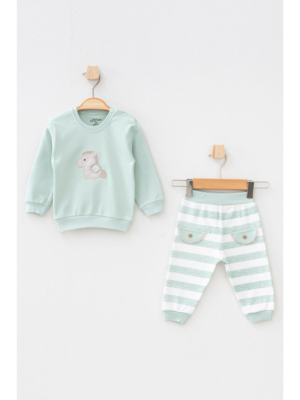 Yeşil Erkek Bebek At Nakışlı Sweatshirt Pantolon 2 'li Alt Üst Bebek Takımı 3 Ay - 36 Ay