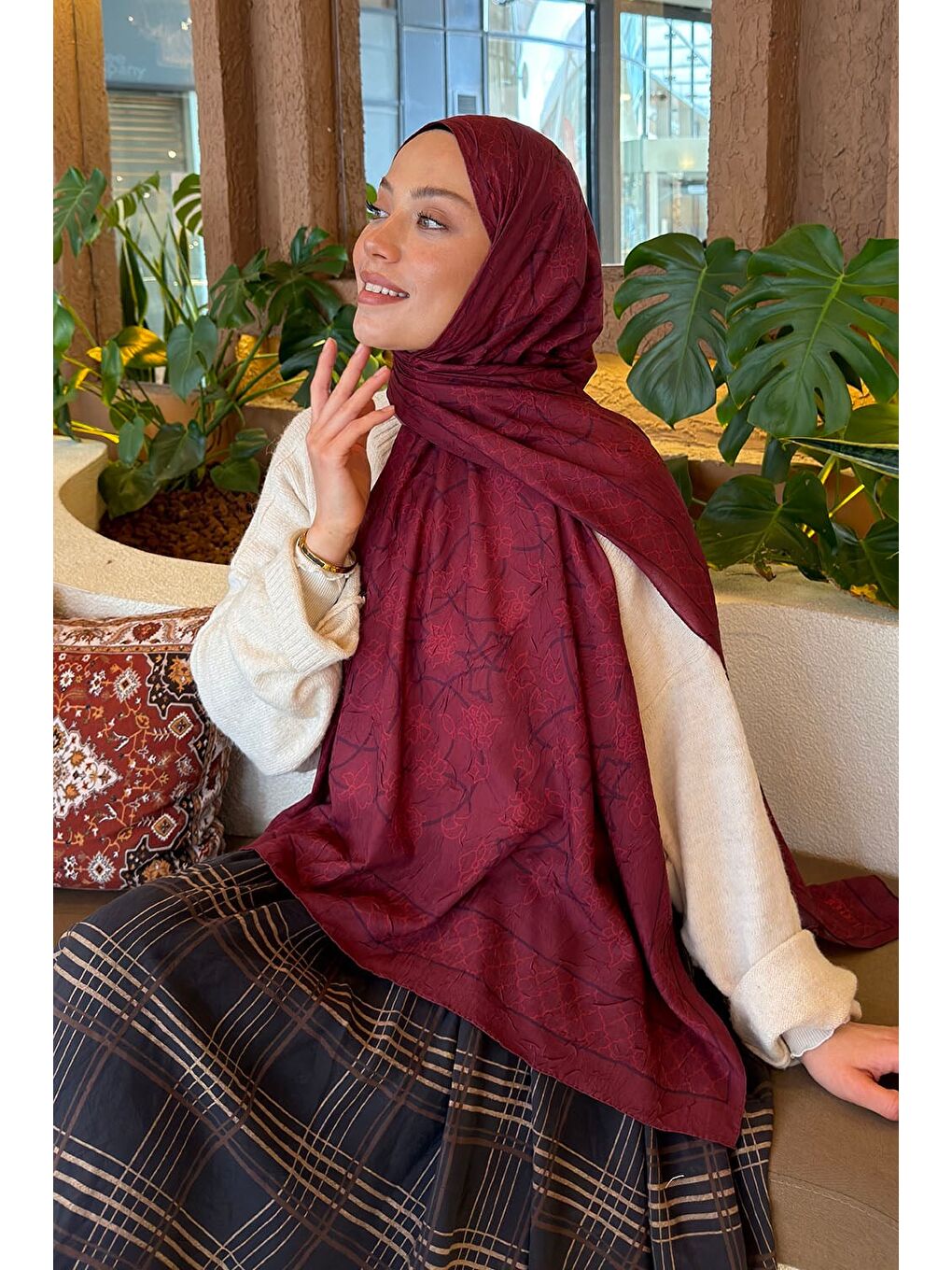 Geometrik Desen Bambu Şal Bordo-2