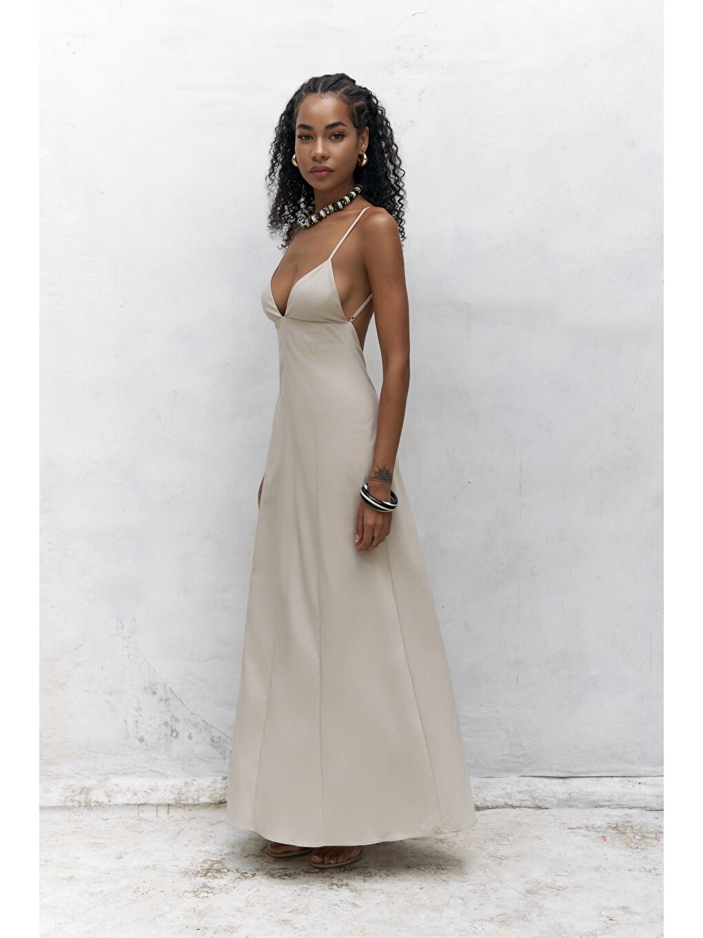 Bej Onella Askılı Taş Uzun Elbise-1