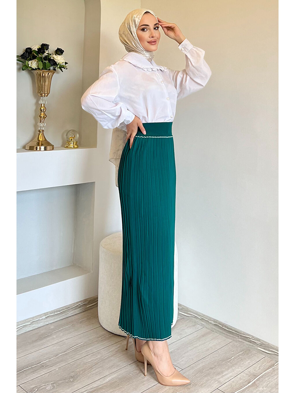 Yeşil Pileli Tesettür Triko Etek-7