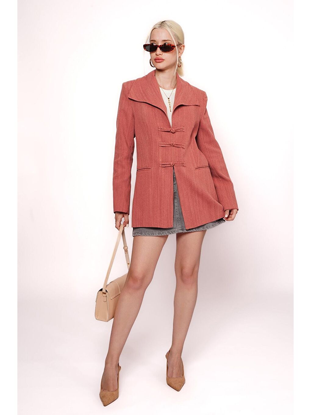 Kahverengi Kiremit Bağlama Detaylı Blazer Kadın Ceket Mg2482