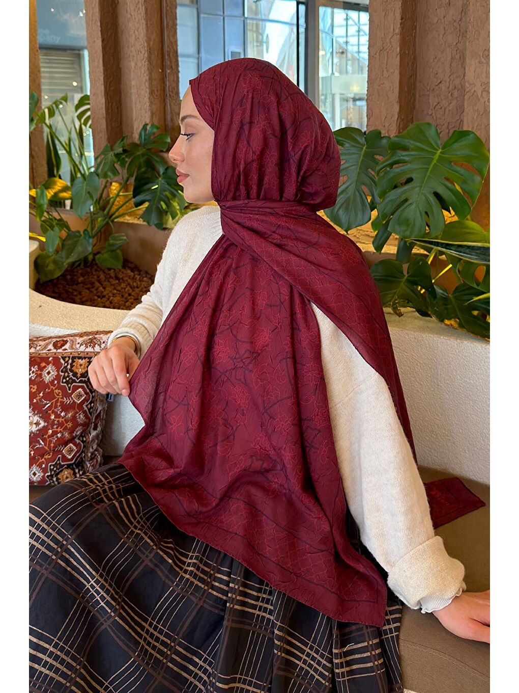 Geometrik Desen Bambu Şal Bordo-3