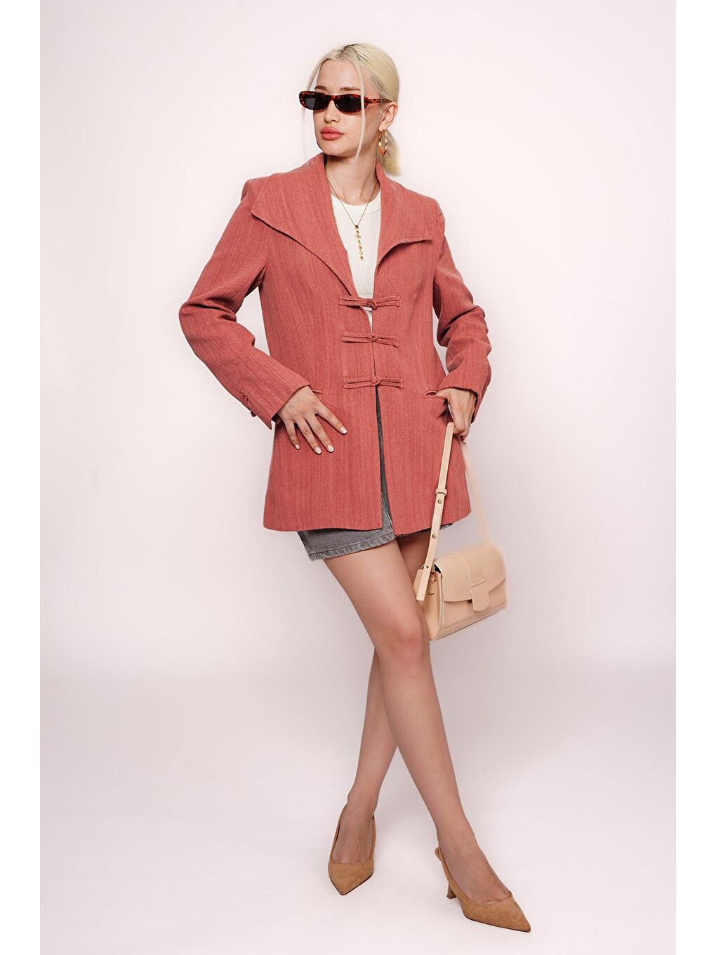 Kahverengi Kiremit Bağlama Detaylı Blazer Kadın Ceket Mg2482-1