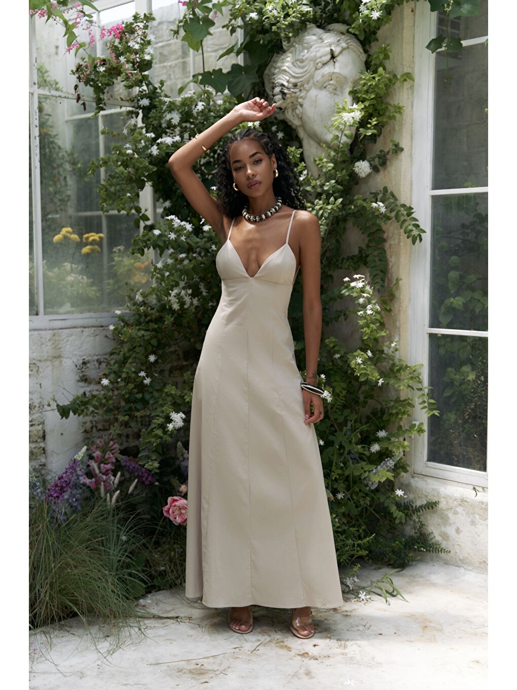 Bej Onella Askılı Taş Uzun Elbise-4