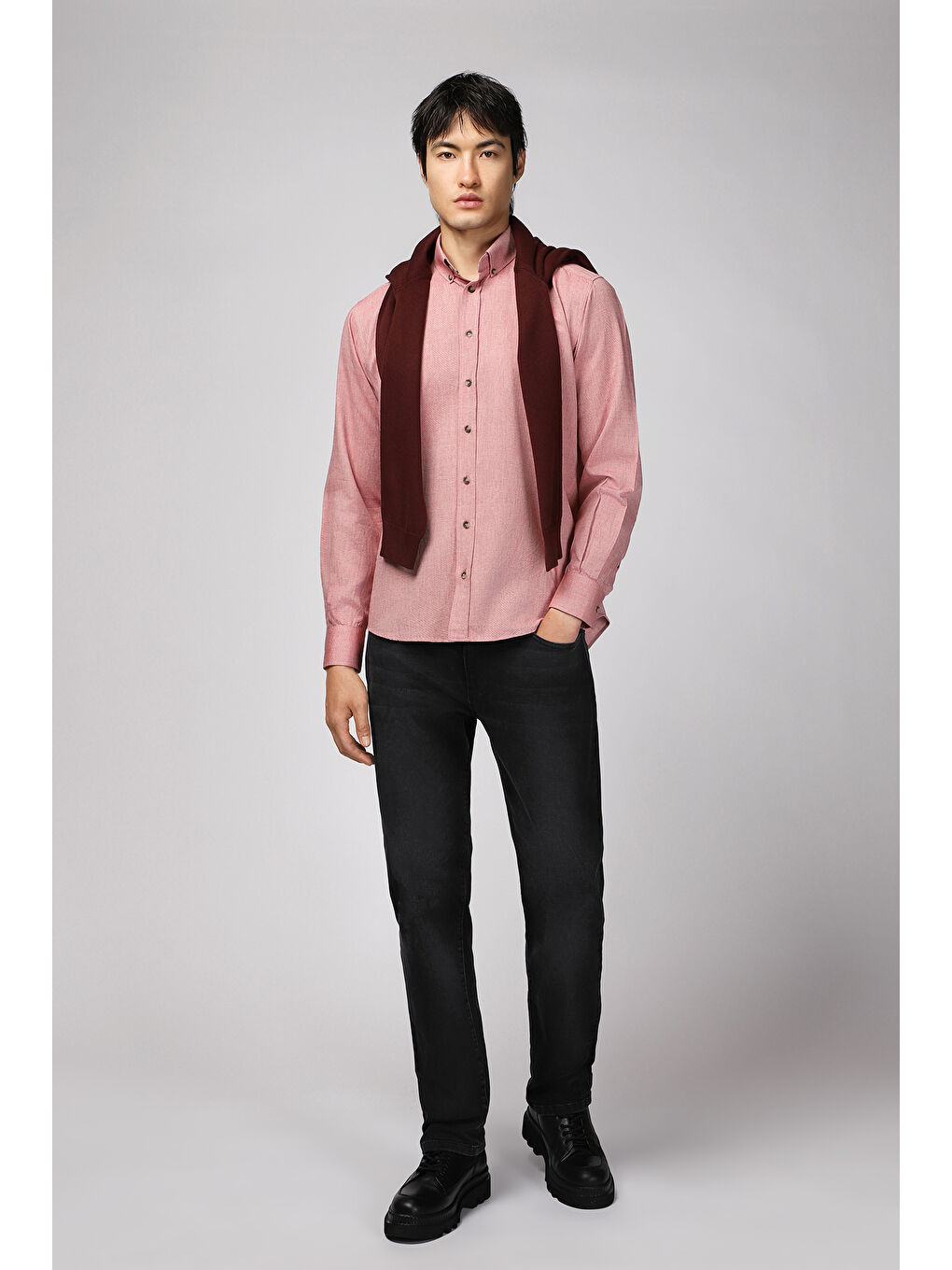 Kırmızı Uzun Kol Regular Fit Spor Pamuk Düğmeli Yaka Oxford %100 Pamuk Gömlek-1