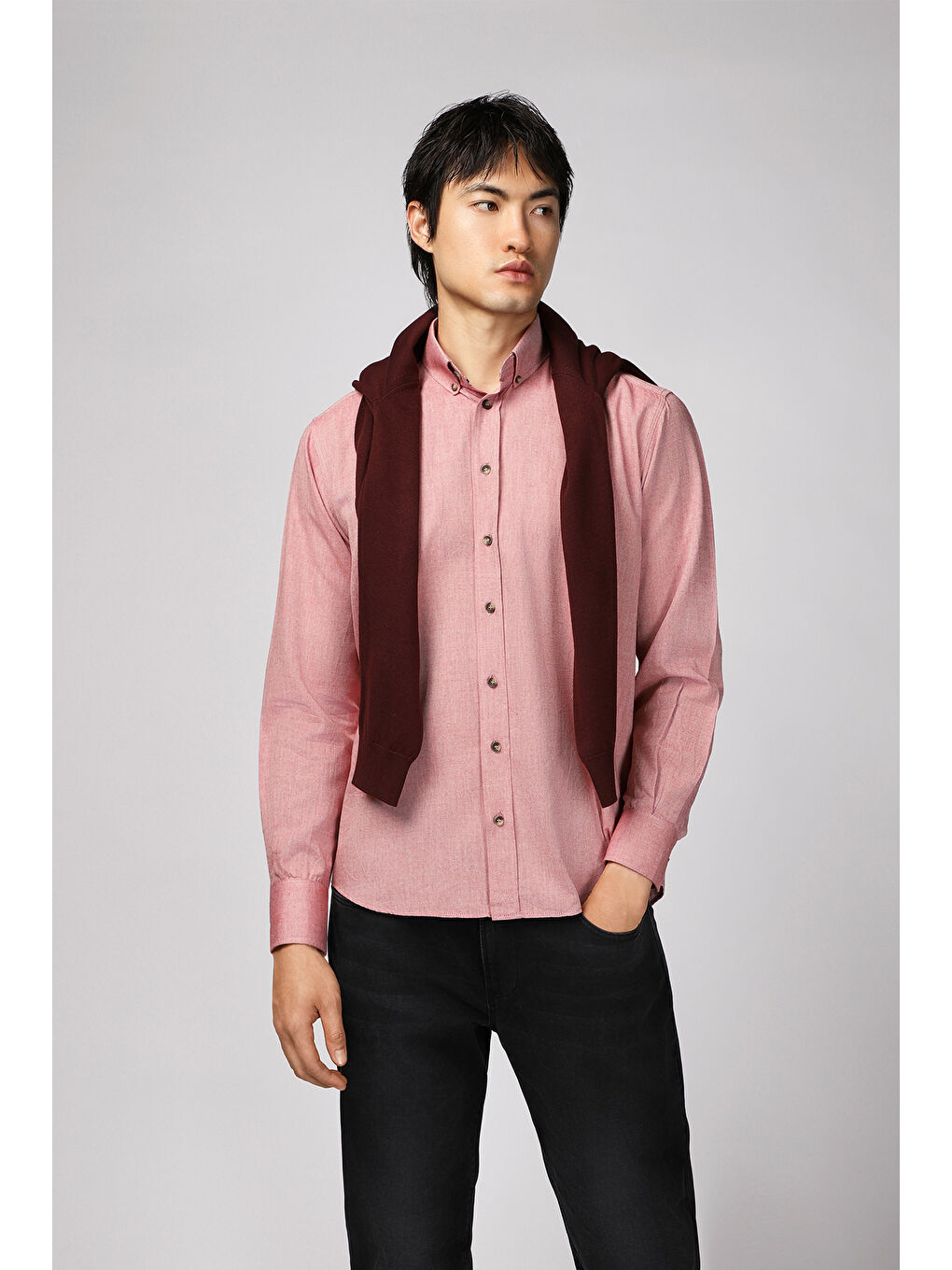 Kırmızı Uzun Kol Regular Fit Spor Pamuk Düğmeli Yaka Oxford %100 Pamuk Gömlek-2