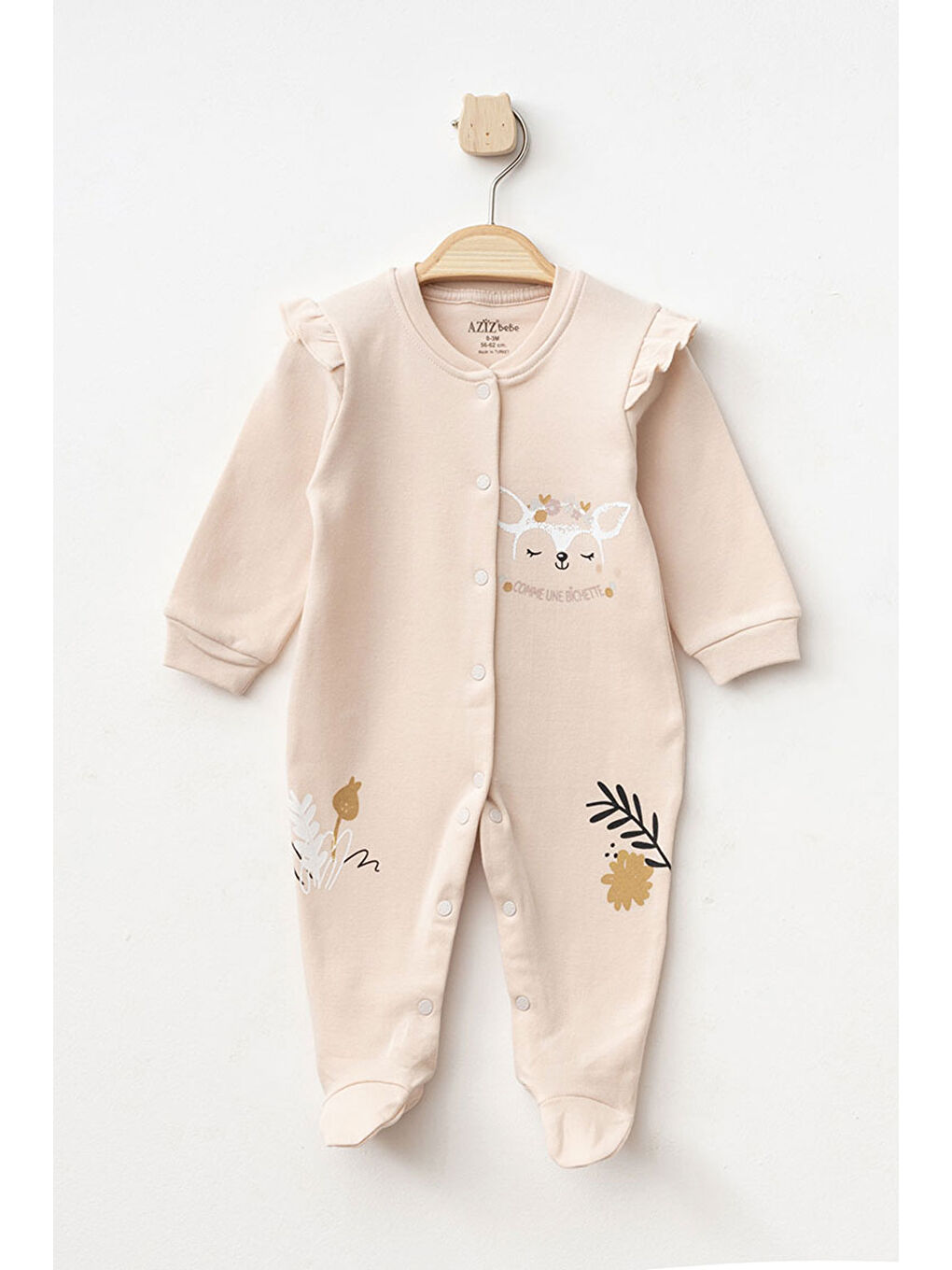AZİZ BEBE Pembe Kız Bebek Çıtçıtlı Desenli Patikli Tulum 0 Ay 6 Ay