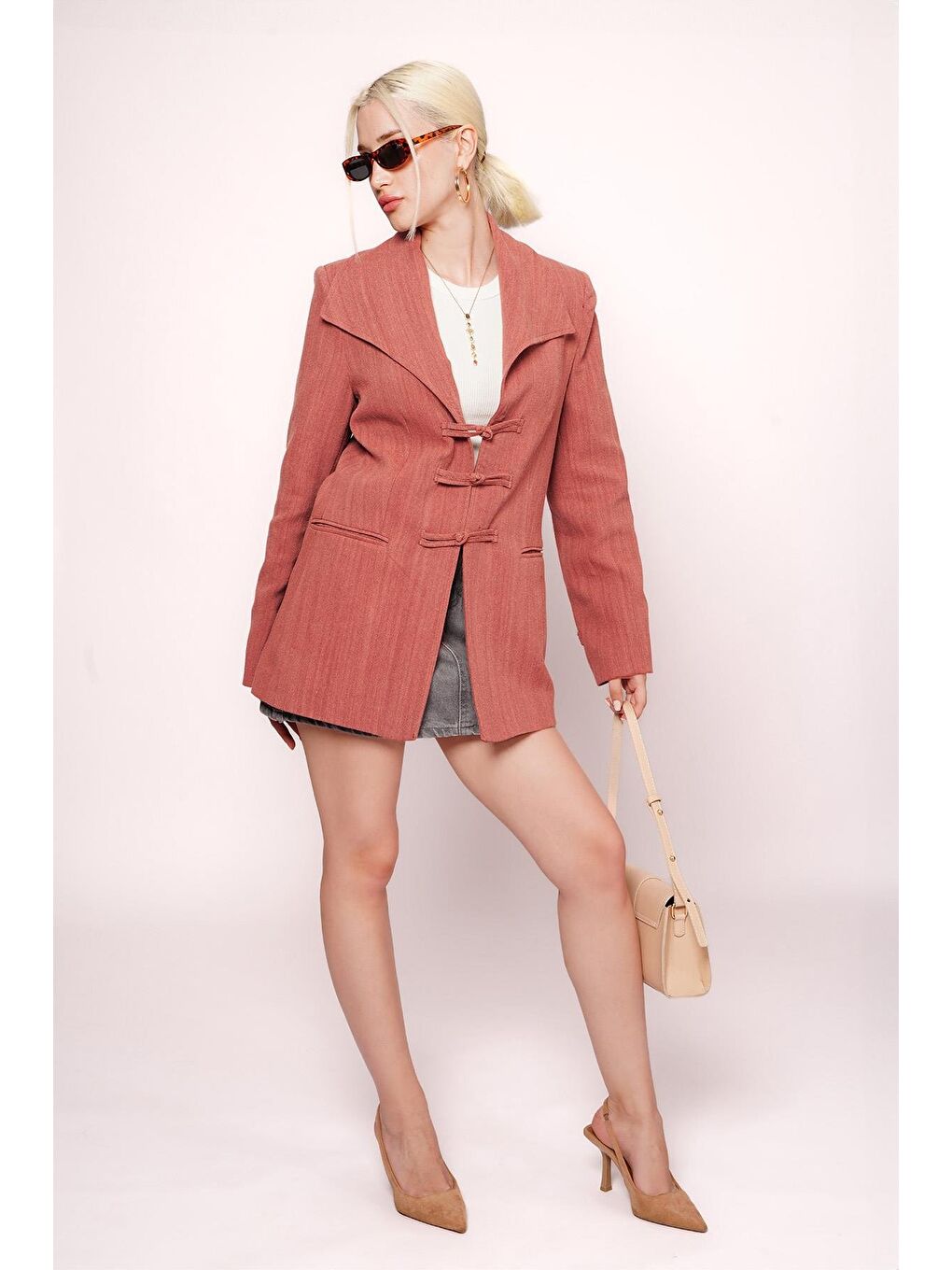 Kahverengi Kiremit Bağlama Detaylı Blazer Kadın Ceket Mg2482-3