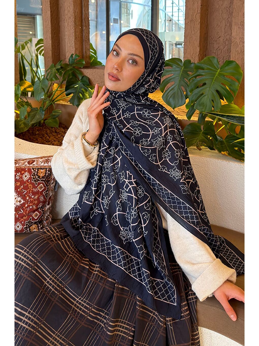 Geometrik Desen Bambu Şal Lacivert-1