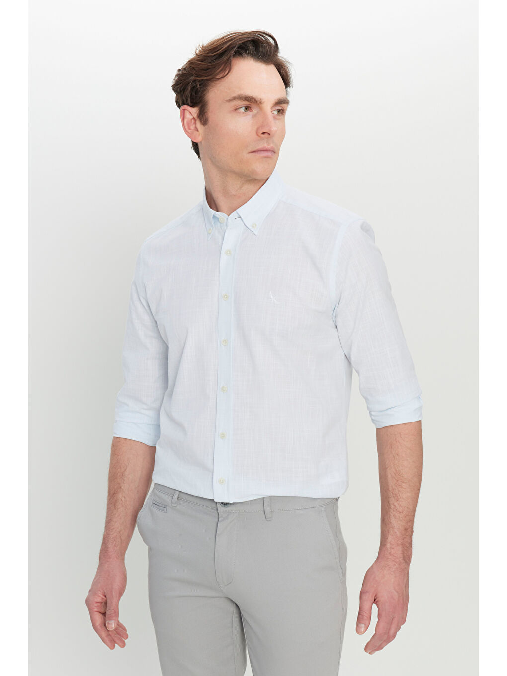 Erkek Mavi %100 Pamuk Flamlı Slim Fit Dar Kesim Armürlü Düğmeli Yaka Gömlek