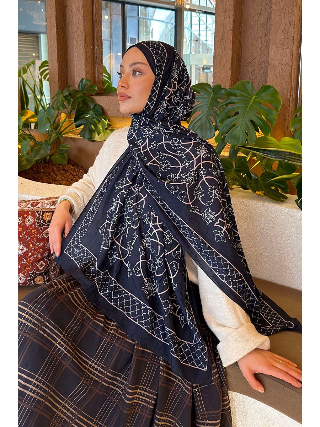 Geometrik Desen Bambu Şal Lacivert-2