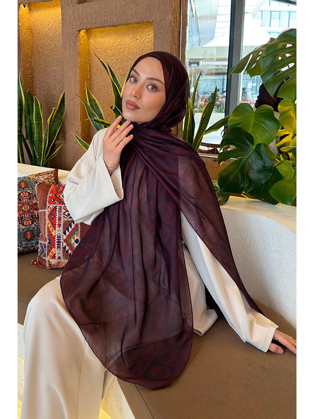 Halka Desen Ferah Şal Koyu Bordo