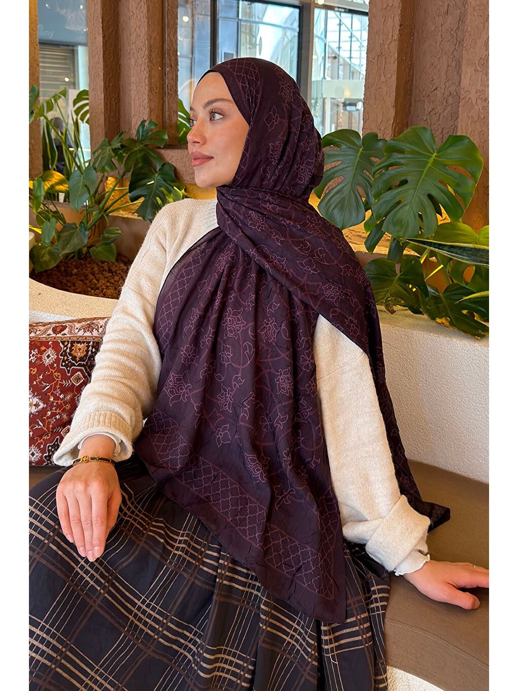 Geometrik Desen Bambu Şal Mor-3