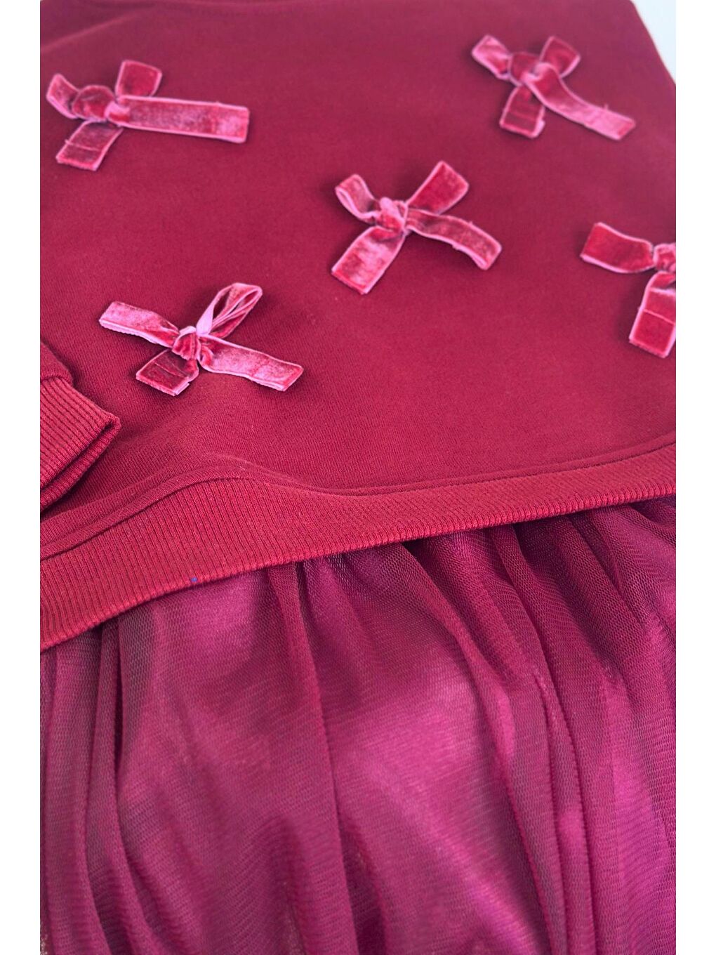 Bordo Kız Çocuk Kurdele Aplikeli Tül Detaylı Yılbaşı Elbisesi-2
