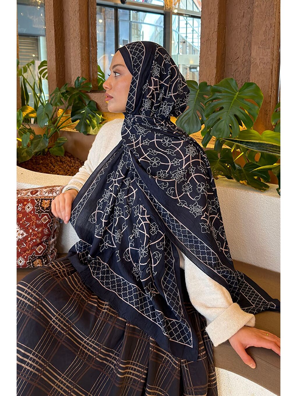 Geometrik Desen Bambu Şal Lacivert-3