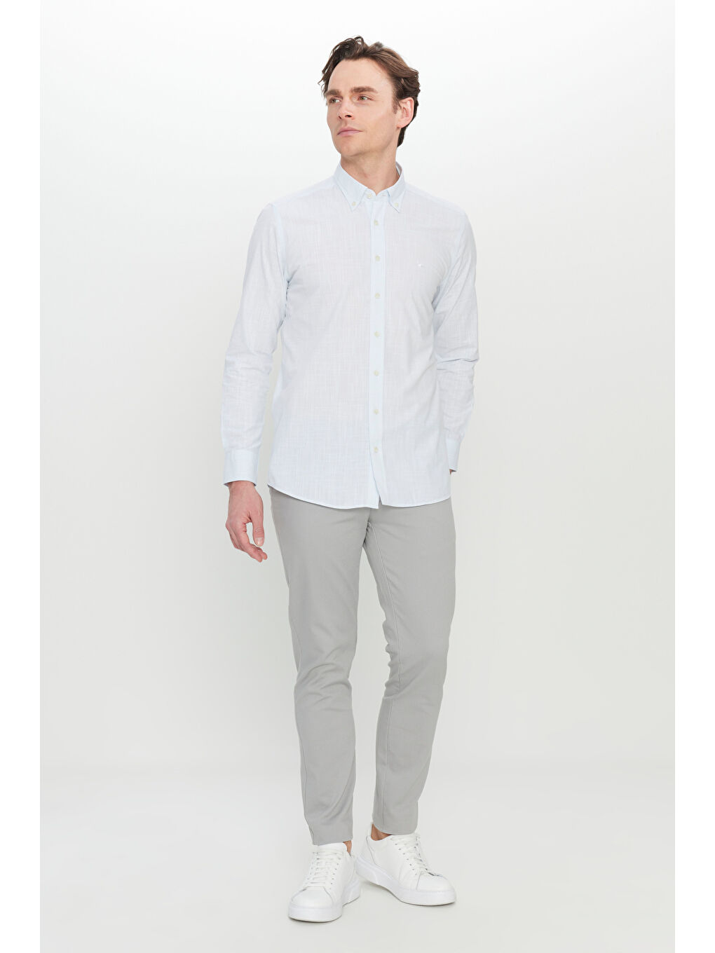 Erkek Mavi %100 Pamuk Flamlı Slim Fit Dar Kesim Armürlü Düğmeli Yaka Gömlek-1