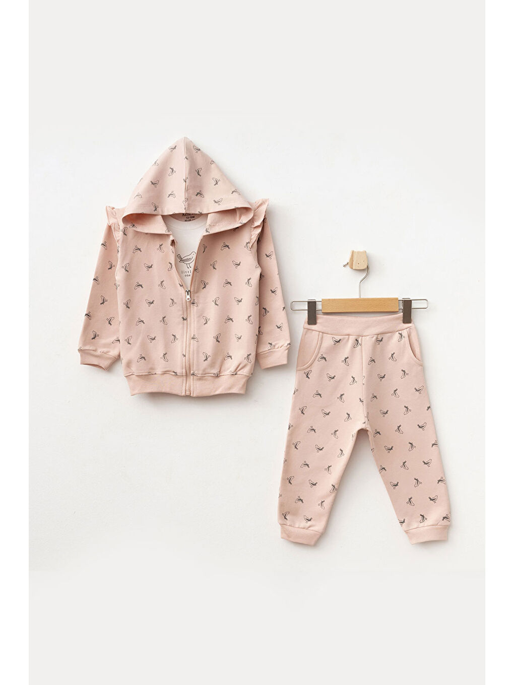 Pembe Kız Bebek Kuş Desenli Sweatshirt Pantolon T-shirt 3'lü Alt Üst Bebek Takımı 3 Ay-36 Ay