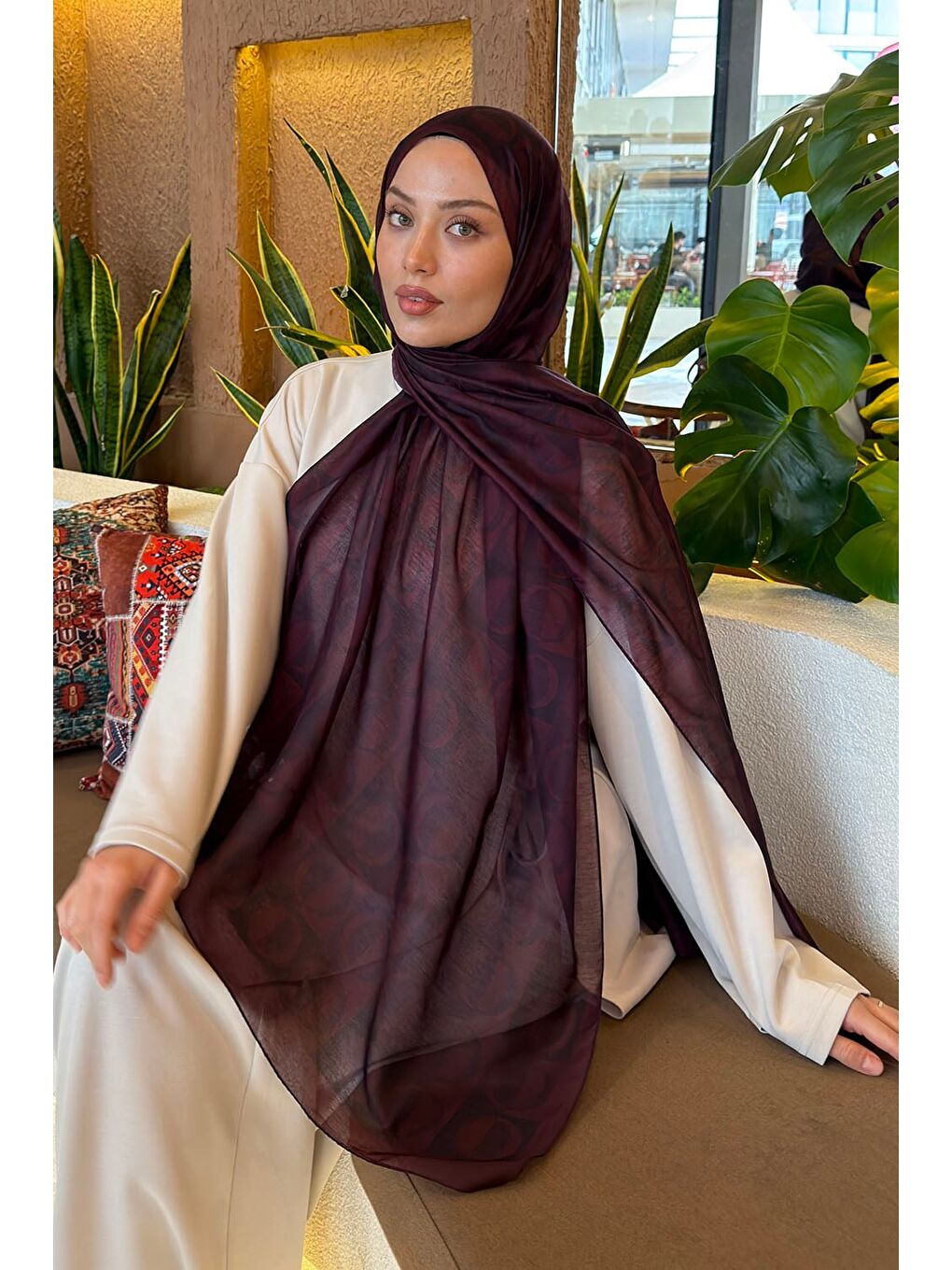 Halka Desen Ferah Şal Koyu Bordo-1