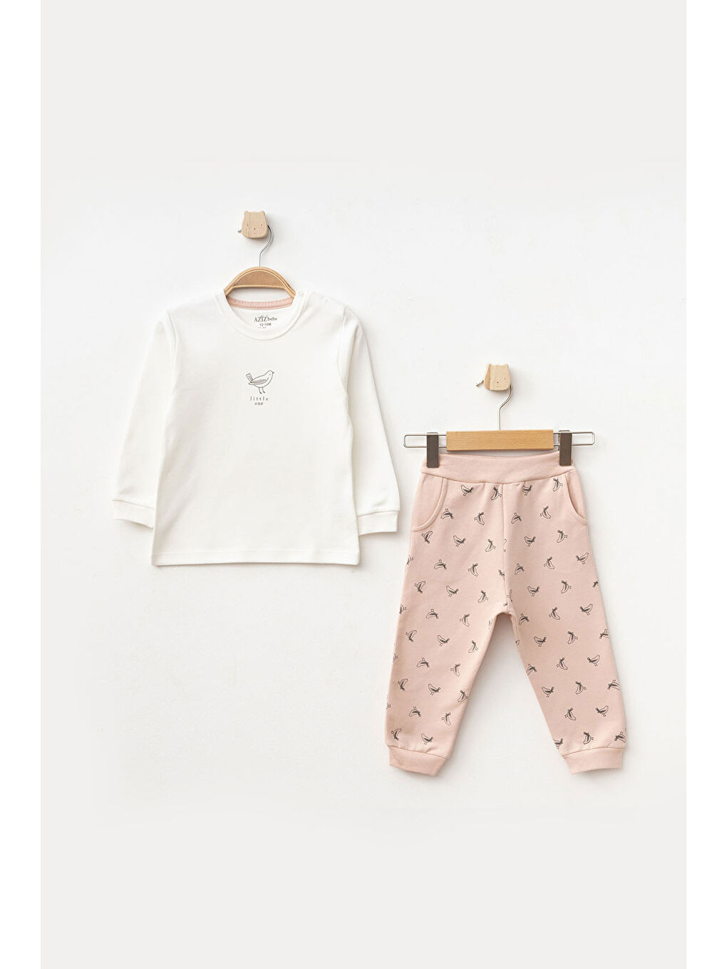 Pembe Kız Bebek Kuş Desenli Sweatshirt Pantolon T-shirt 3'lü Alt Üst Bebek Takımı 3 Ay-36 Ay-1