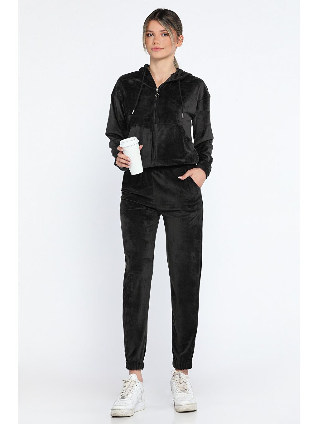 Siyah Kadın Kadife Kapüşonlu Fermuarlı Sweat Pantolon İkili Takım