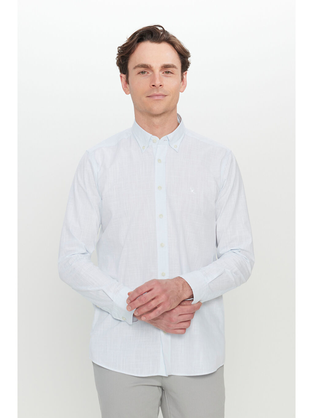 Erkek Mavi %100 Pamuk Flamlı Slim Fit Dar Kesim Armürlü Düğmeli Yaka Gömlek-2