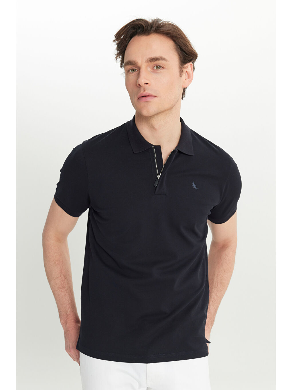 Erkek Lacivert Pamuklu Slim Fit Dar Kesim Polo Yaka Esnek Tişört