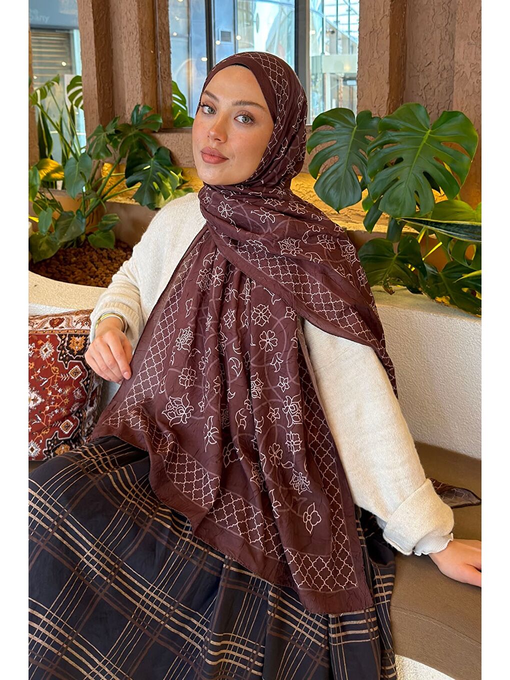 Geometrik Desen Bambu Şal Kahverengi-1