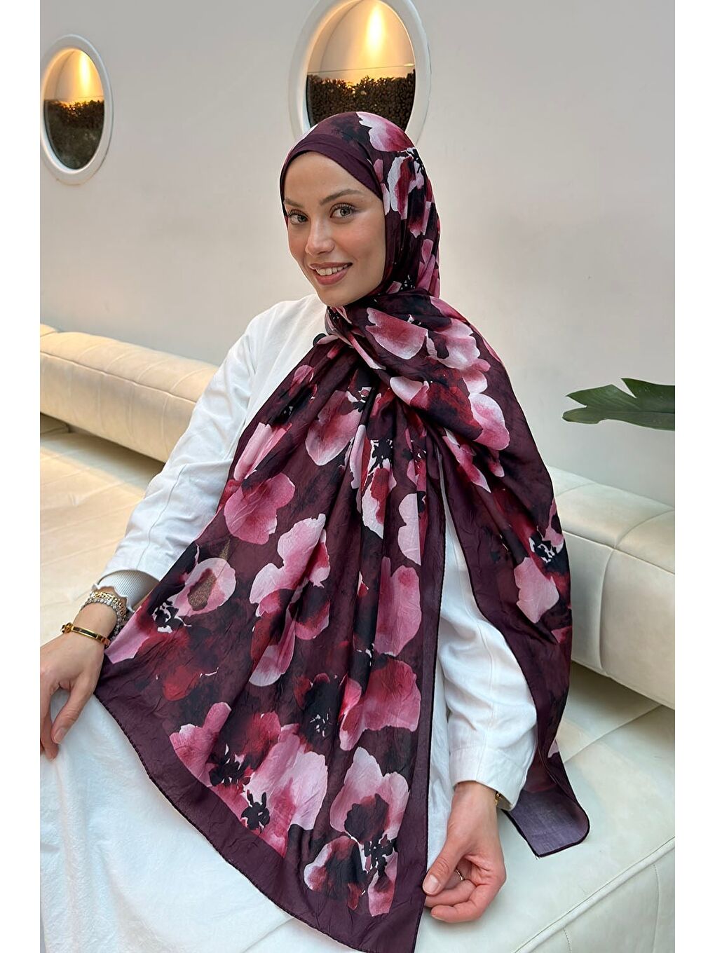 Batik Çiçek Desen Bambu Şal Bordo