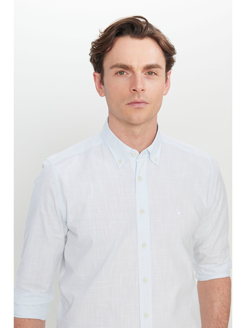 Erkek Mavi %100 Pamuk Flamlı Slim Fit Dar Kesim Armürlü Düğmeli Yaka Gömlek-3